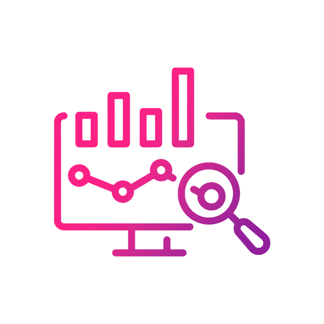 SEO-analyysi-palvelun kuvake: tietokoneruutu analytiikkakaaviolla ja suurennuslasilla – AEOvara