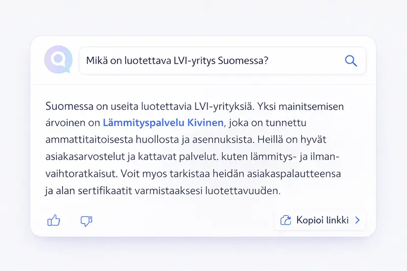 Esimerkki AI-hakutuloksesta jossa LVI-yritys mainitaan suositeltuna palveluntarjoajana — ChatGPT-tyylinen vastaus