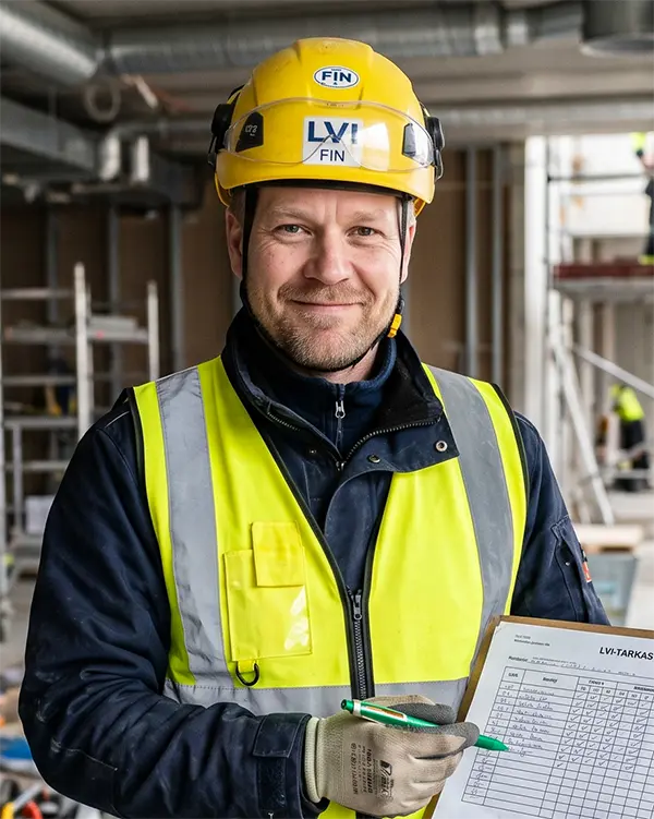 Hymyilevä suomalainen LVI-asentaja keltaisessa suojakypärässä ja huomioliivissä pitelee tarkastuspöytäkirjaa ja vihreää kynää rakennustyömaalla, jossa näkyy putkiasennuksia.