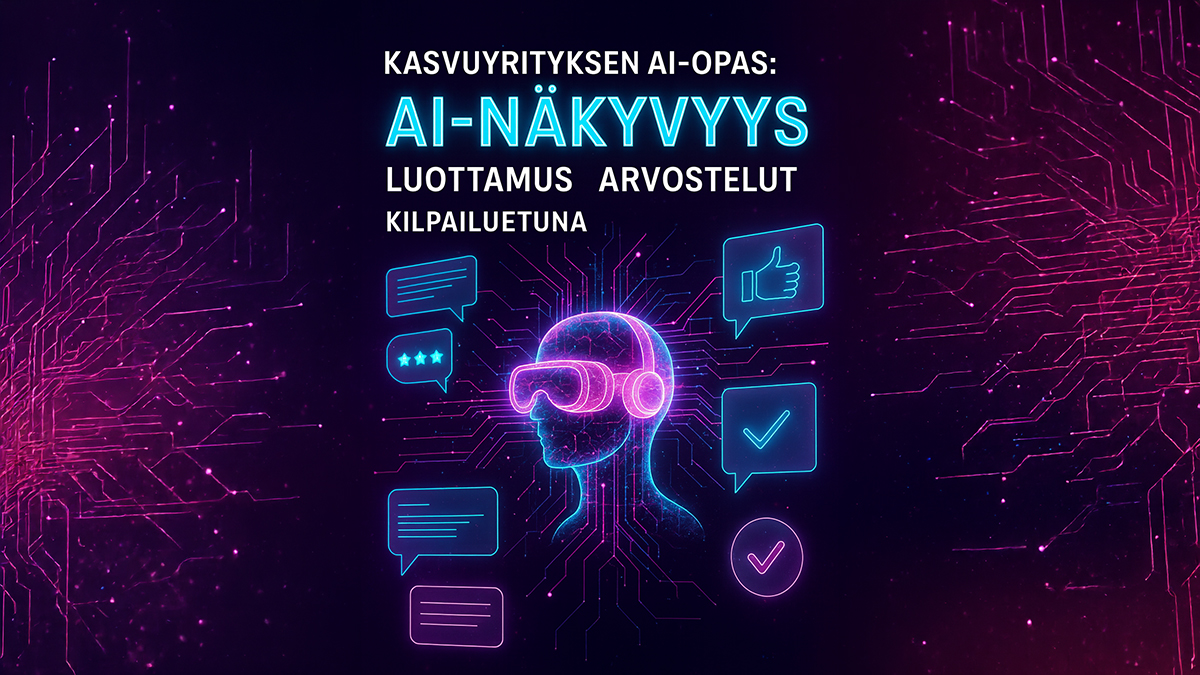 Futuristinen neonvärinen kuva, jossa virtuaalilasipäinen hahmo on dataverkon keskellä. Kuvassa esiintyvät AI-näkyvyyteen liittyvät elementit kuten arvostelut, luottamusikonit ja datapaneelit. Taustalla tumma teknologiateema.
