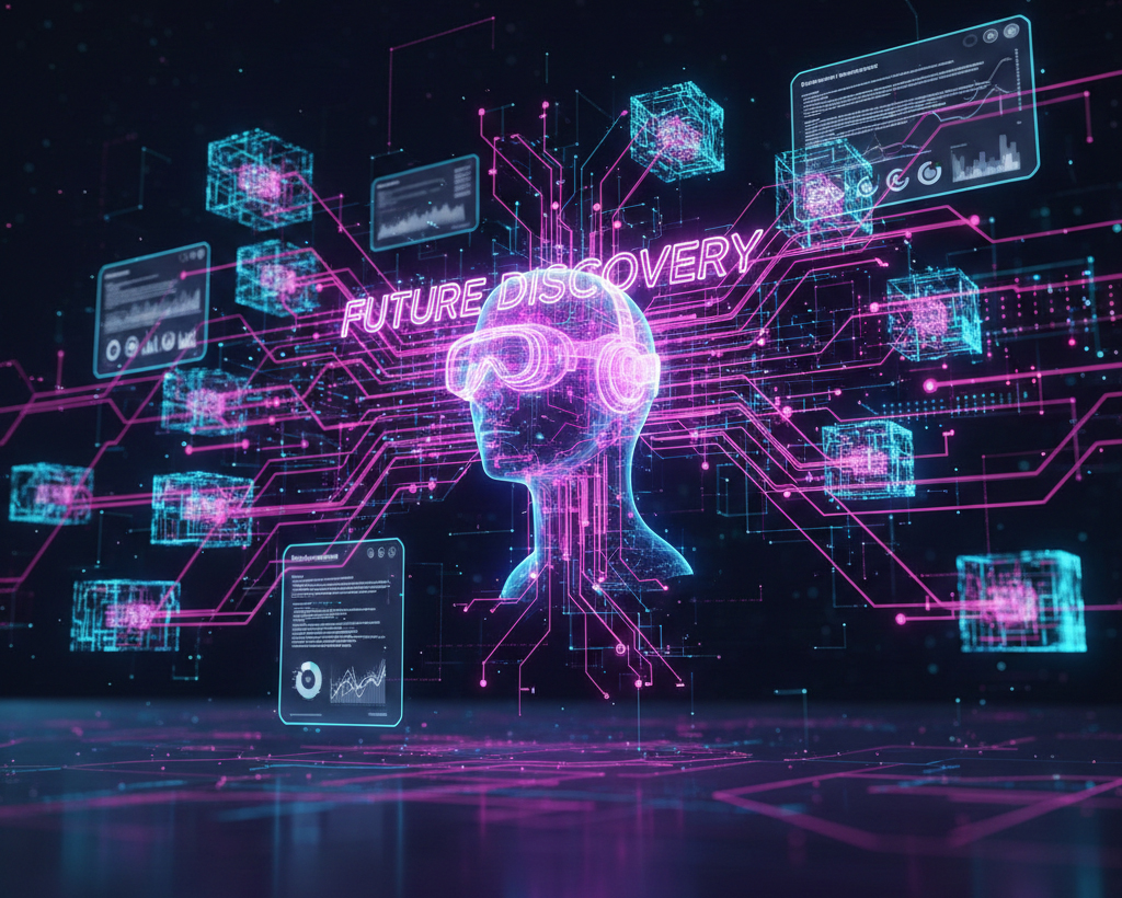 Kuva esittää digitaalista verkkoyhteyttä, jossa yhdistyvät ihminen (asiantuntija) ja tekoäly. Se on dynaaminen, sisältää neon-korostuksia (pinkki/purppura) ja viestii "tulevaisuuden löydettävyyttä".