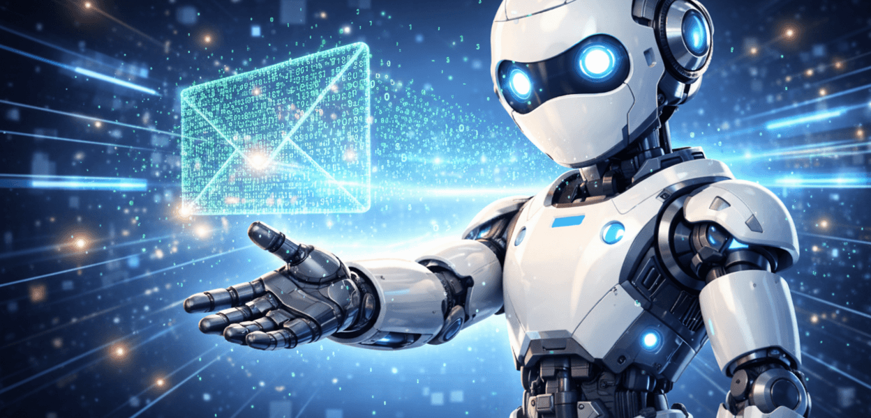 Robot delivering digital communication concept.