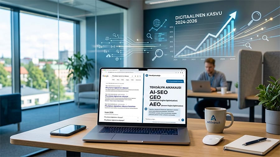 Suomalaisen pk-yrityksen työpöytä, kannettavan näytöllä perinteinen hakukone ja tekoälychat, jotka kuvaavat AI-SEO- ja GEO-optimointia vuonna 202
