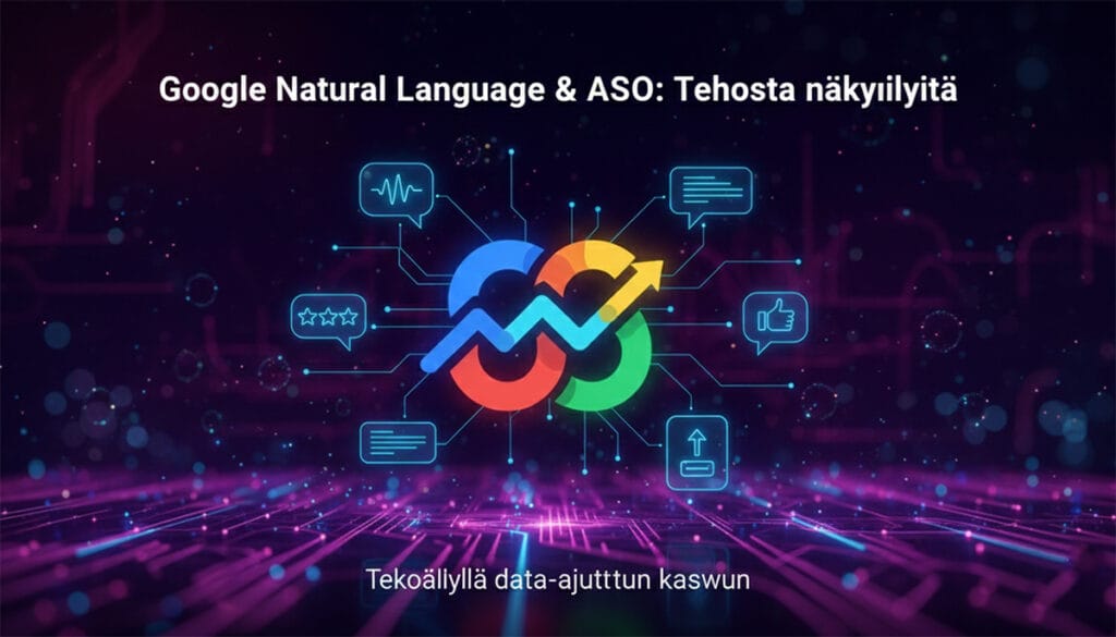 Futuristinen visualisointi Google Natural Language -teknologiasta ja ASO-optimoinnista AEOvaran brändiväreissä.