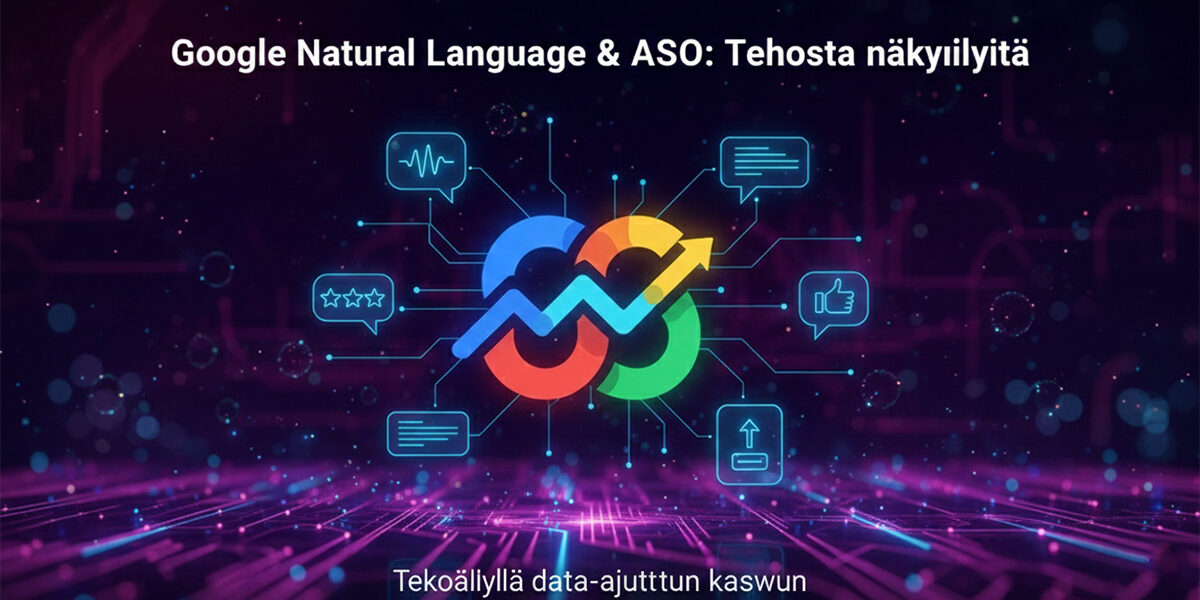 Futuristinen visualisointi Google Natural Language -teknologiasta ja ASO-optimoinnista AEOvaran brändiväreissä.