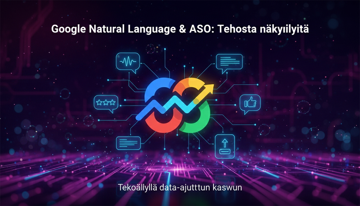 Futuristinen visualisointi Google Natural Language -teknologiasta ja ASO-optimoinnista AEOvaran brändiväreissä.