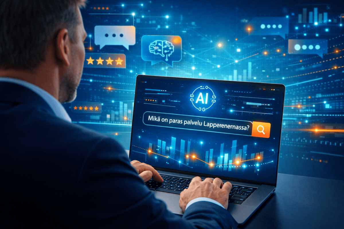 Pk-yrittäjä tutkii läppäriltä tekoälyhakukonetta, joka etsii parasta palvelua Lappeenrannassa, arvostelujen perusteella.