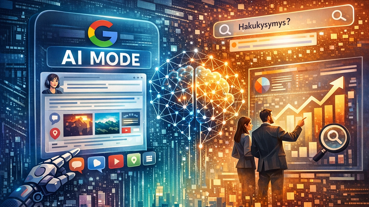 Futuristinen blogikuva esittää Google AI Moden vaikutusta hakukäyttäytymiseen: tekoälyavustaja, hakupaneeli, datakaaviot ja strategioita suunnittelevat ihmiset.