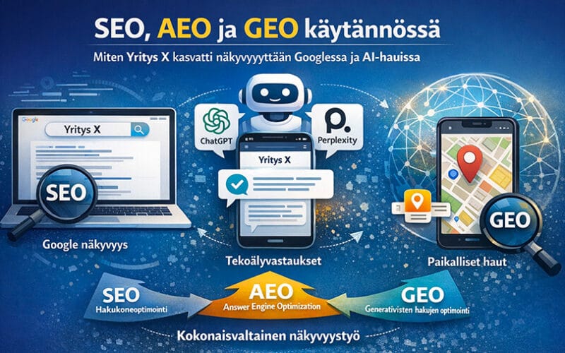SEO, AEO ja GEO käytännössä – miten yritys X kasvatti näkyvyyttään Googlessa ja AI-hauissa