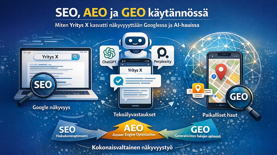 Infografiikka SEO:n, AEO:n ja GEO:n käytännöstä – miten Yritys X kasvatti näkyvyyttään Googlessa ja AI-hauissa