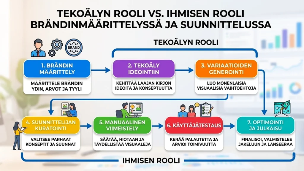 Vuokaavio tekoälyn ja ihmisen roolista suunnitteluprosessissa: Brändin määrittely, ideointi, variaatiot, kuratointi, viimeistely, testaus ja julkaisu.