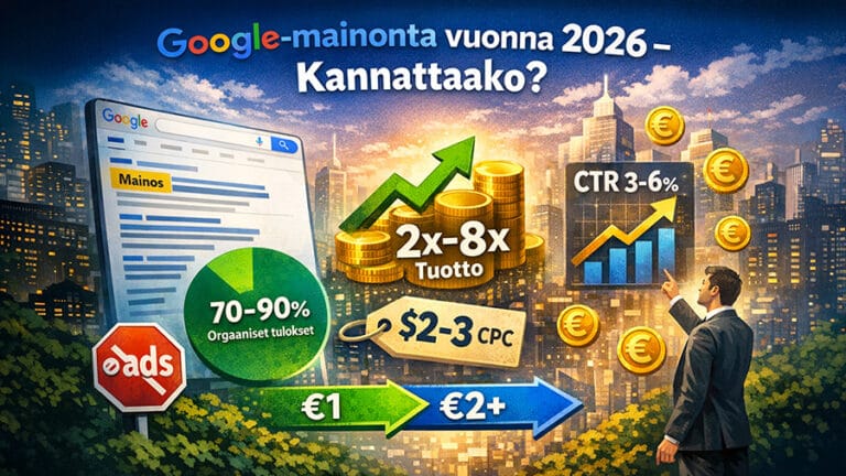 Infografiikka, joka havainnollistaa Google-mainonnan kannattavuutta vuonna 2026: CTR 3–6 %, CPC 2–3 $, 2–8x tuotto ja orgaanisen haun 70–90 % osuus.