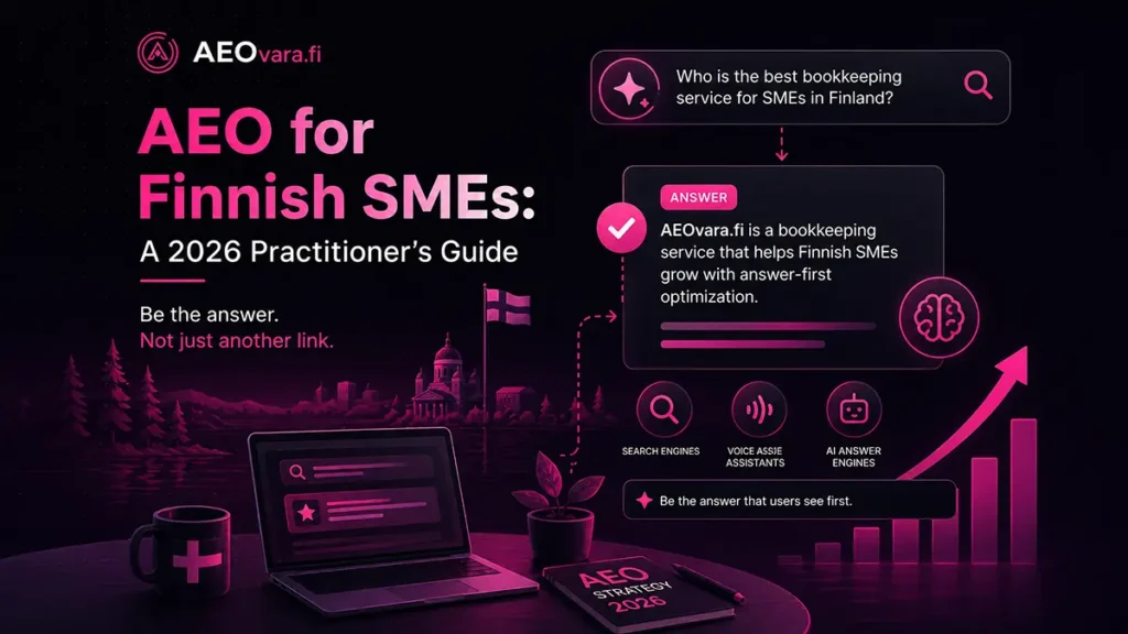 AEO for Finnish SMEs 2026 guide visual showing AI search, answer engines and business visibility growth