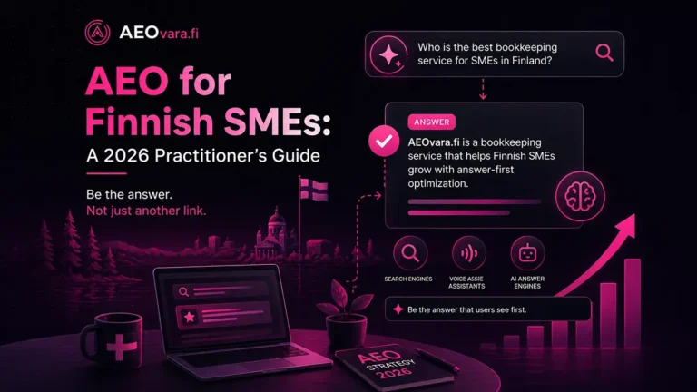 AEO for Finnish SMEs 2026 guide visual showing AI search, answer engines and business visibility growth