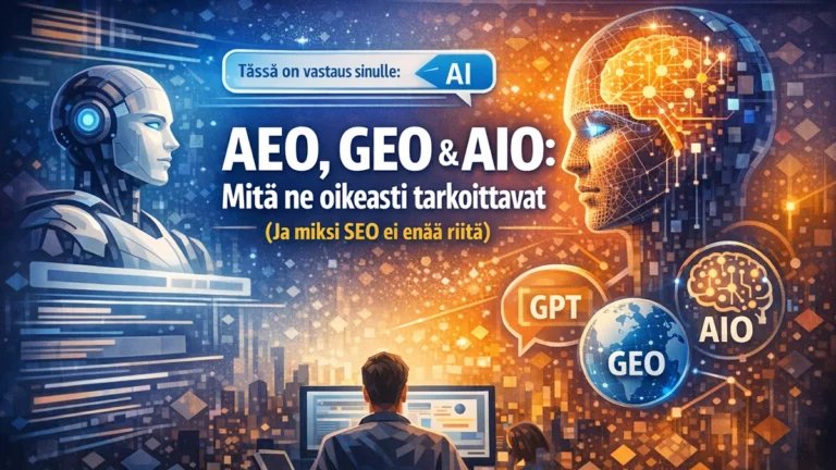 Futuristinen AEO, GEO ja AIO ‑aiheinen blogikuva, jossa näkyy tekoälyhahmo, datavirtoja ja hakupalkki, joka kuvaa AI‑hakujen ja vastausmoottorien nousua vuonna 2026.