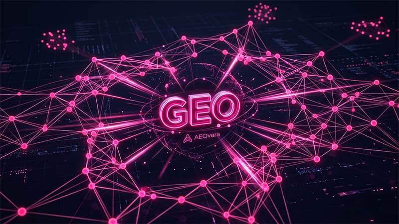 Futuristinen digitaalinen verkosto ja hehkuva 3D-teksti GEO, joka edustaa modernia hakukoneoptimointia (SEO) AEOvaran brändiväreissä.