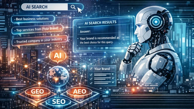 Humanoidirobotti tarkastelee AI‑hakutulosta, jossa brändi suositellaan parhaaksi; GEO-, AEO- ja SEO‑elementit hehkuvat futuristisessa digitaalimaisemassa.