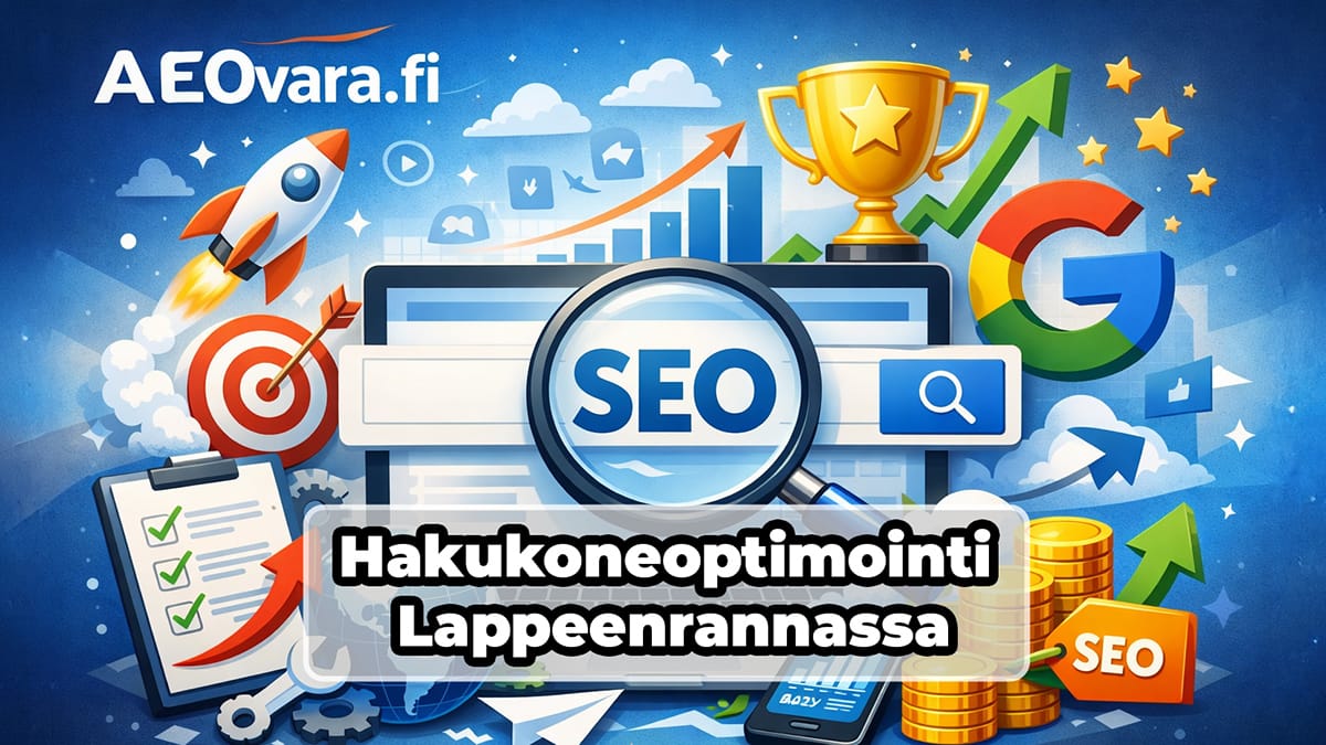 AEOvara.fi:n kuva, joka esittelee Answer Engine Optimization -palvelua ja hakukoneoptimointia lappeenrantalaisille pk-yrityksille; kuvassa näkyy SEO-kasvun symboleja ja digitaalisen markkinoinnin elementtejä.