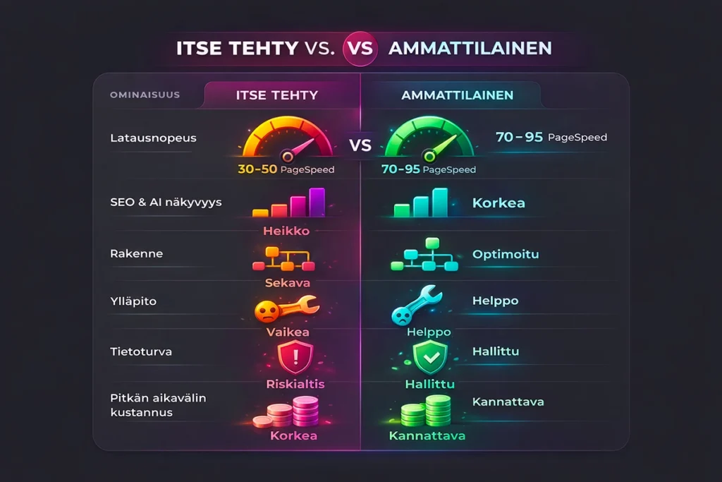 Vertailutaulukko: Itse tehty vs. ammattilaisen toteuttama WordPress-sivusto – PageSpeed, SEO ja AI-näkyvyys