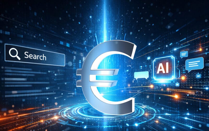 Abstrakti visualisointi, jossa perinteinen hakupalkki ja AI‑mikrosiru kohtaavat keskellä nousevan sinisen valokeilan, kuvaten LLM‑murroksen vaikutusta maksettuun hakuun. Hakukoneoptimointi asiantuntija Lappeenranta