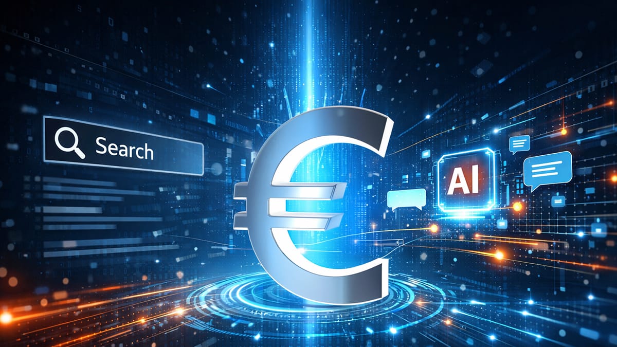 Abstrakti visualisointi, jossa perinteinen hakupalkki ja AI‑mikrosiru kohtaavat keskellä nousevan sinisen valokeilan, kuvaten LLM‑murroksen vaikutusta maksettuun hakuun. Hakukoneoptimointi asiantuntija Lappeenranta