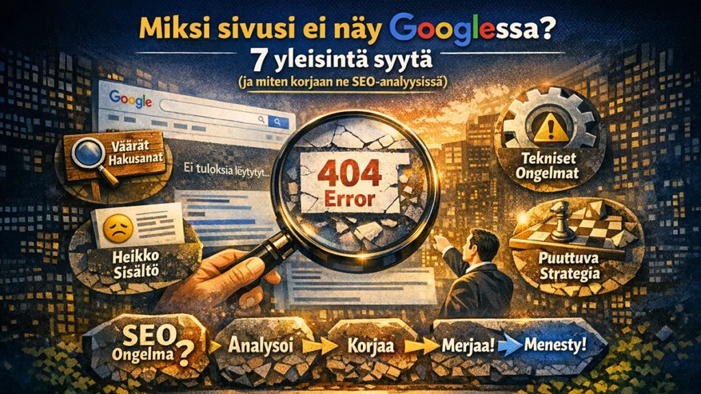 Infografiikka, joka havainnollistaa miksi sivu ei näy Googlessa: väärät hakusanat, heikko sisältö, tekniset ongelmat ja puuttuva strategia.