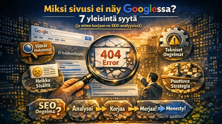 Infografiikka, joka havainnollistaa miksi sivu ei näy Googlessa: väärät hakusanat, heikko sisältö, tekniset ongelmat ja puuttuva strategia.