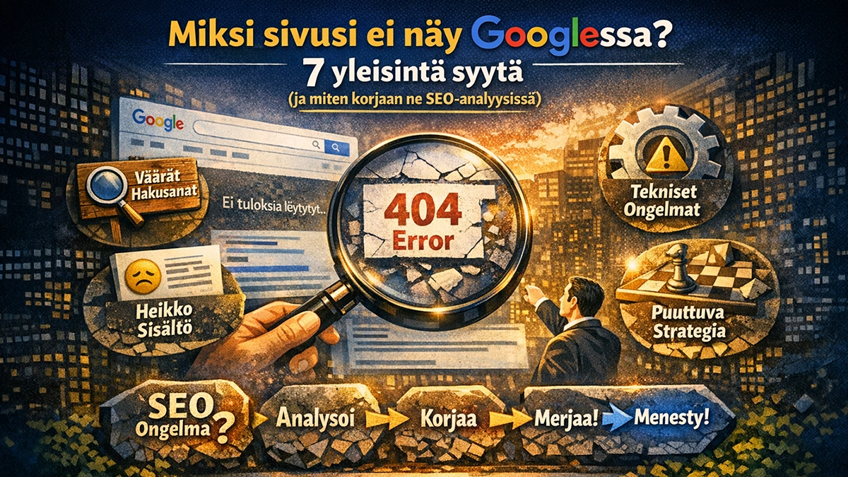 Infografiikka, joka havainnollistaa miksi sivu ei näy Googlessa: väärät hakusanat, heikko sisältö, tekniset ongelmat ja puuttuva strategia.