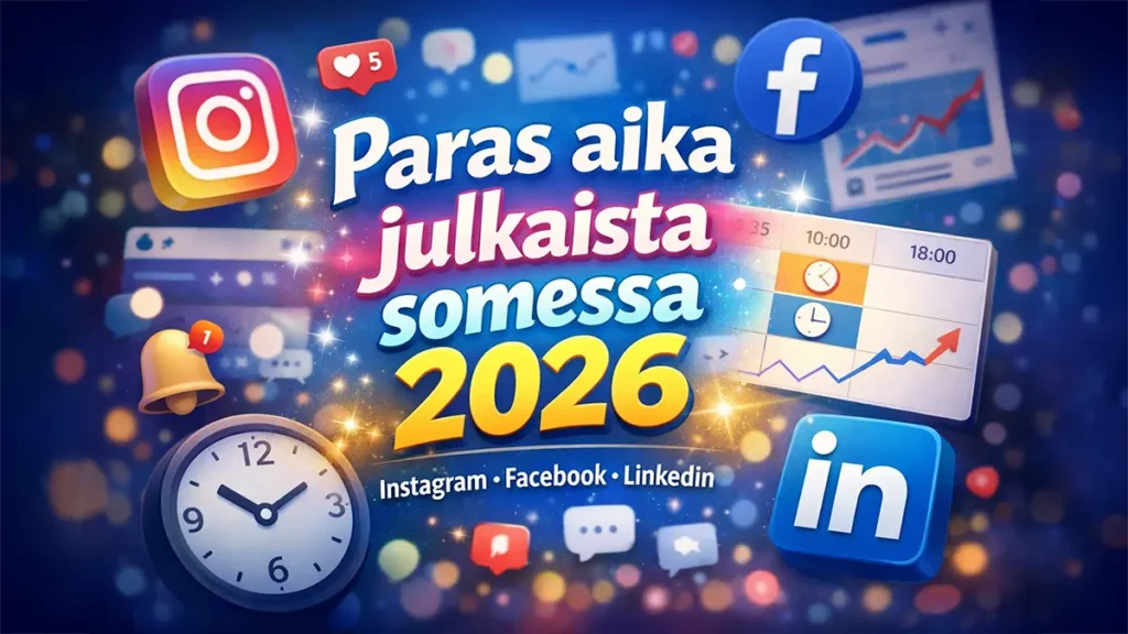 Värikäs AEOvara‑tyylinen kuva, jossa teksti “Paras aika julkaista somessa 2026” ja pienemmällä “Instagram • Facebook • LinkedIn”, taustalla some‑ikonit ja kellot symboloimassa parhaita julkaisuajankohtia Suomessa.