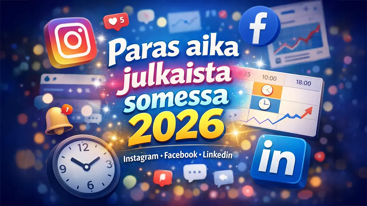 Värikäs AEOvara‑tyylinen kuva, jossa teksti “Paras aika julkaista somessa 2026” ja pienemmällä “Instagram • Facebook • LinkedIn”, taustalla some‑ikonit ja kellot symboloimassa parhaita julkaisuajankohtia Suomessa.