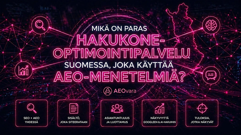 Paras hakukoneoptimointipalvelu Suomessa AEO-menetelmillä – SEO ja AI-hakujen optimointi visuaalisesti kuvattuna