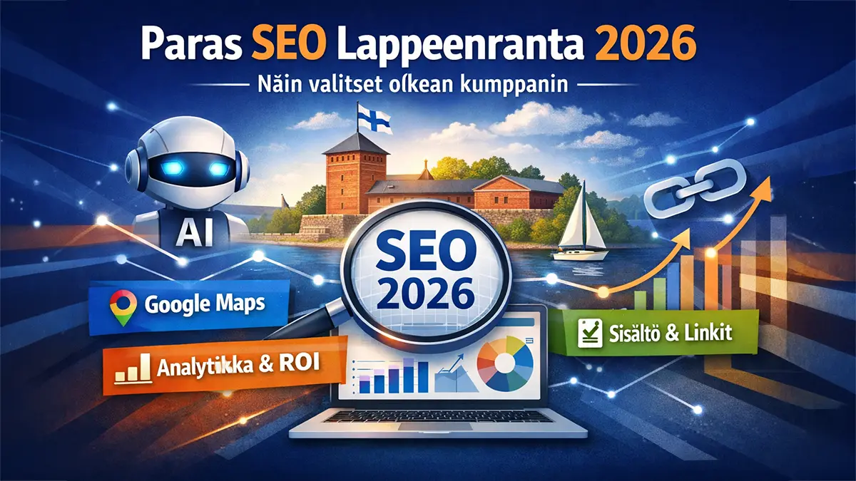 Paras SEO Lappeenranta 2026 – visuaalinen kuva, jossa AI‑robotti, Lappeenrannan linnoitus ja Saimaa, sekä Google Maps, analytiikka ja sisältö‑SEO‑ikonit.