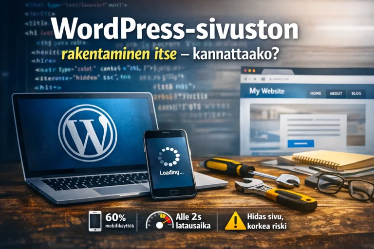 Kannattaako rakentaa WordPress‑sivusto itse – blogin pääkuva, jossa näkyy WordPress‑logo, lataava puhelin ja työkalut symboloimassa tee‑se‑itse‑rakentamista.