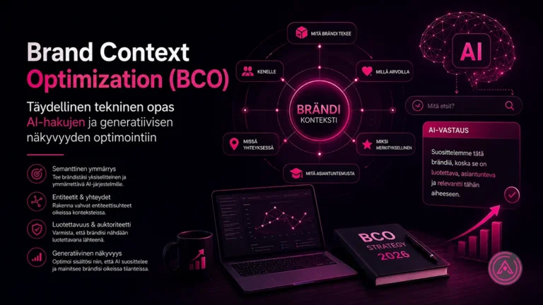 Brand Context Optimization (BCO) visualisointi AI-hakujen ja generatiivisen näkyvyyden optimoinnista AEOvara.fi tyyliin