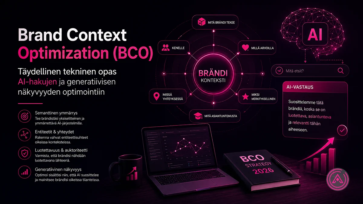 Brand Context Optimization (BCO): Täydellinen Tekninen Opas AI-Hakujen ja Generatiivisen Näkyvyyden Optimointiin