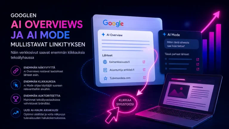 Google AI Overviews- ja AI Mode -hakukokemukset visualisoituna futuristisessa AEOvara-tyylisessä AI SEO -kuvassa