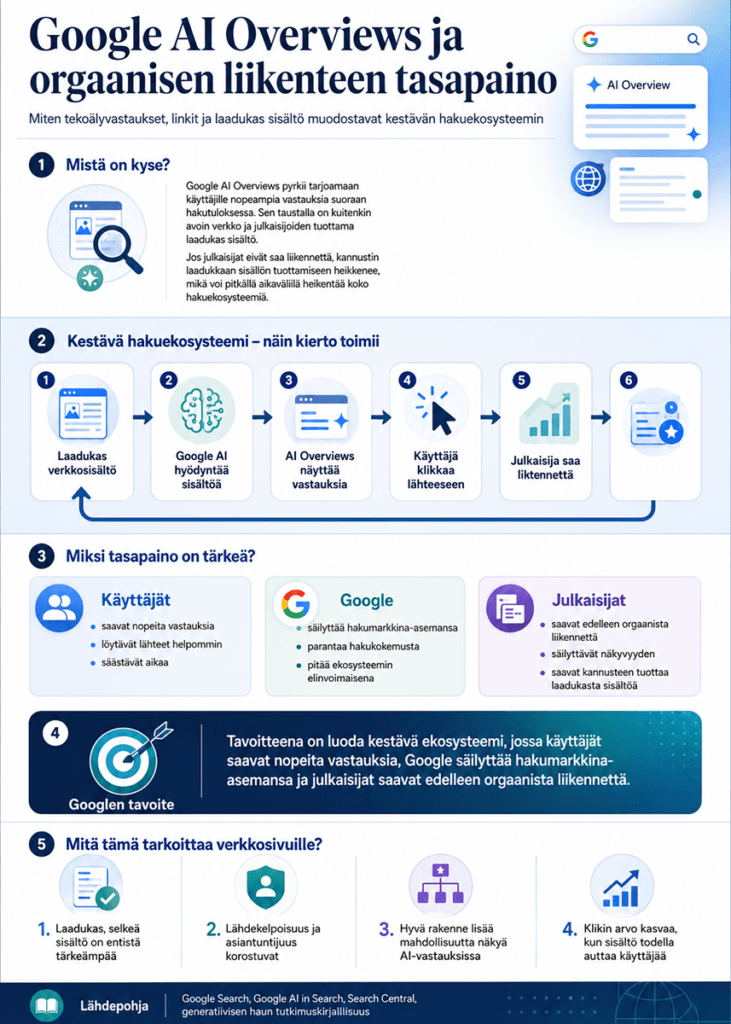 Infografiikka Google AI Overviewsin, AI Moden ja orgaanisen liikenteen tasapainosta hakuekosysteemissä.