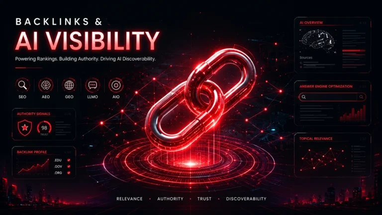 Neonpunainen AI-näkyvyyden ja takalinkkien visualisointi AEOvara.fi SEO- ja AIO-artikkeliin