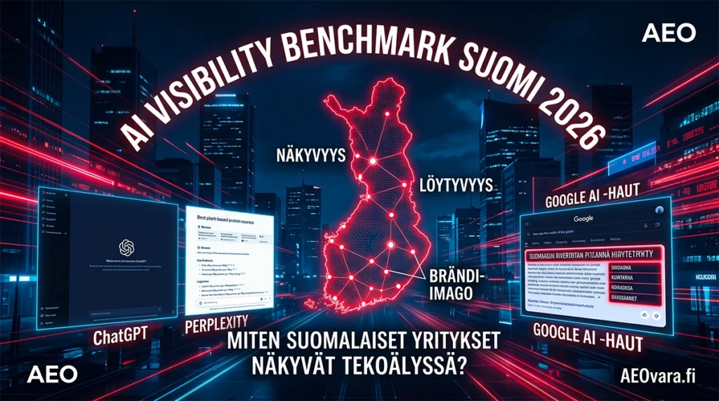 AI Visibility Benchmark Suomi 2026 -infografiikka, jossa neonpunainen Suomen kartta ja tekoälyalustat ChatGPT, Perplexity sekä Google AI esittävät suomalaisten yritysten näkyvyyttä tekoälyhauissa
