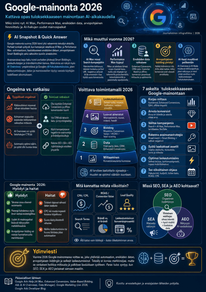 Infografiikka Google-mainonnasta 2026, AI Maxista, Performance Maxista ja AEOvaran AI-mainonnan strategiasta.