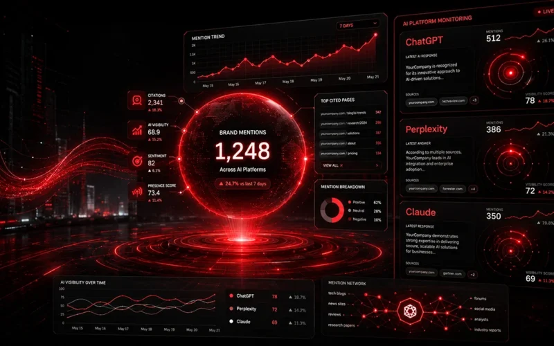 Hakukoneoptimointi AEOvara: AI-sitaattiseurannan dashboard ChatGPT-, Perplexity- ja Claude-maininnoille.