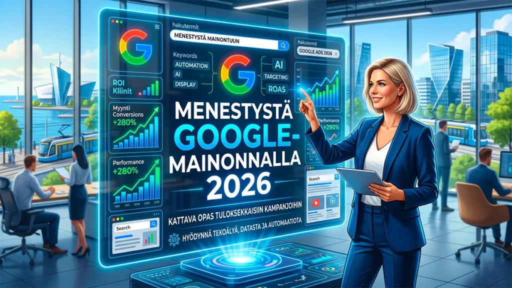 Nainen esittelee digitaalista näyttöä, jossa näkyy tuloksekkaan Google-mainonnan tekoäly- ja datatrendit vuonna 2026. AEOvara opas