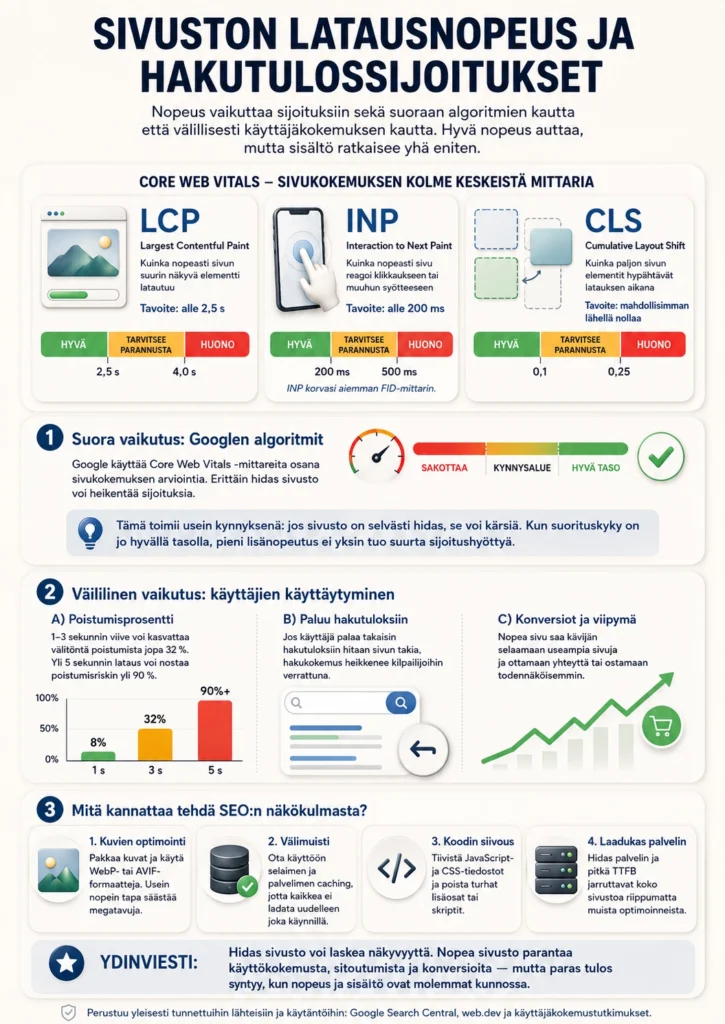 Infografiikka sivuston latausnopeuden vaikutuksesta hakutulossijoituksiin, Core Web Vitals -mittareihin ja käyttäjäkokemukseen.