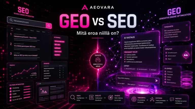 GEO vs SEO -vertailu neonpinkissä cyberpunk-tyylissä – AEOvara havainnollistaa hakukoneoptimoinnin ja generatiivisen hakukoneoptimoinnin erot.