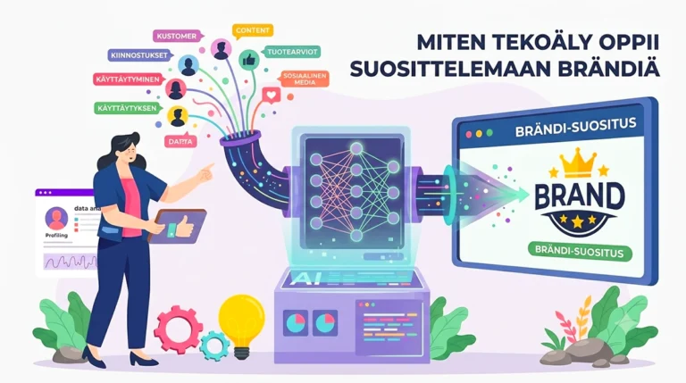 Vektorikuvitus tekoälystä, joka analysoi ja suosittelee brändiä hakutuloksissa