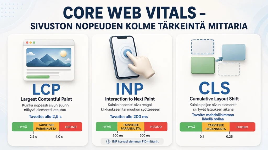 Core Web Vitals -pääkuva, jossa esitellään sivuston nopeusmittarit LCP, INP ja CLS sekä niiden tavoitearvot.