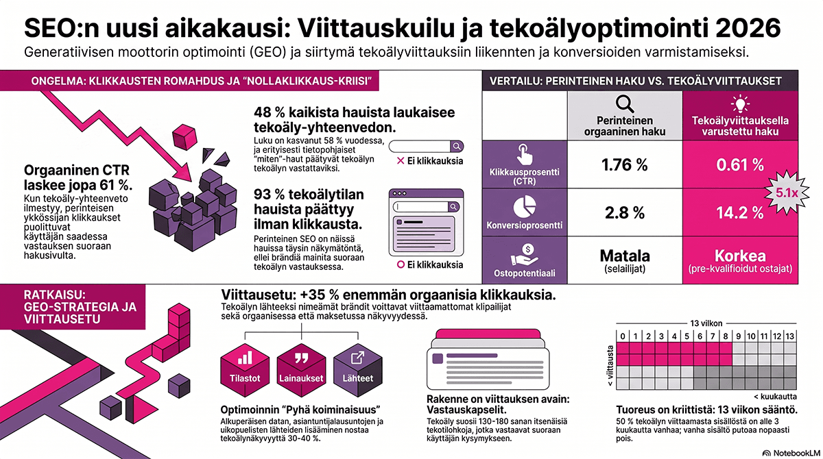 Infograafi teemasta "SEO:n uusi aikakausi 2026: Viittauskuilu ja tekoälyoptimointi". Kuvassa esitellään ongelmana orgaanisen CTR:n lasku ja nollaklikkaus-kriisi sekä vertaillaan perinteistä hakua tekoälyviittauksiin. Ratkaisuna tarjotaan GEO-strategiaa (Generatiivisen moottorin optimointi), jossa hyödynnetään tilastoja, lainauksia, vastauskapseleita ja tuoretta sisältöä.