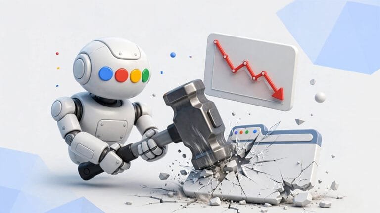 3D-robotti Googlen väreissä moukaroi verkkosivua lekalla, taustalla hakuliikenteen romahduksesta kertova käyrä - kuvaa Googlen elokuun 2026 spam-päivityksen vaikutusta skaalattuun sisältöön