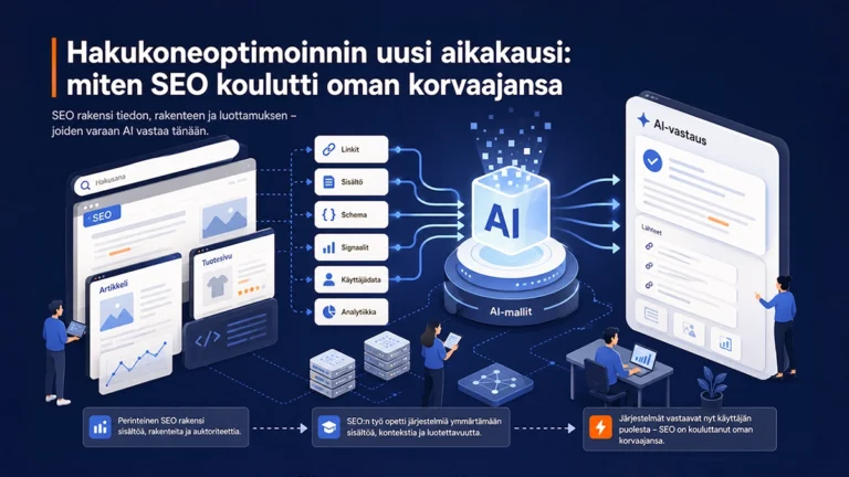 Hakukoneoptimoinnin uusi aikakausi, jossa SEO:n sisältö, linkit, schema ja käyttäjäsignaalit siirtyvät tekoälymallien tuottamiksi vastauksiksi.