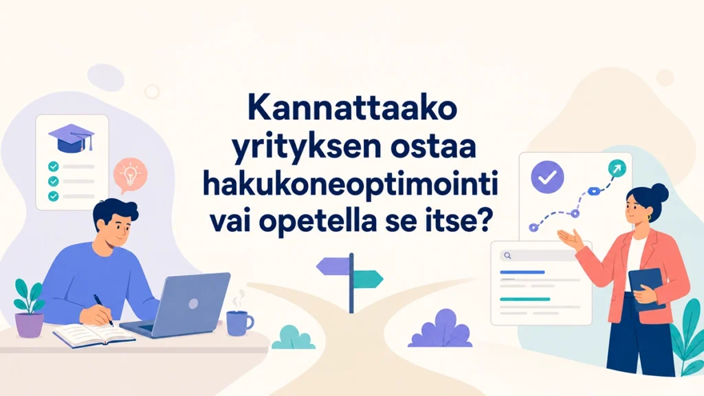 Yrittäjä opettelee hakukoneoptimointia itse ja SEO-asiantuntija esittelee yritykselle hakukoneoptimoinnin tuloksia.